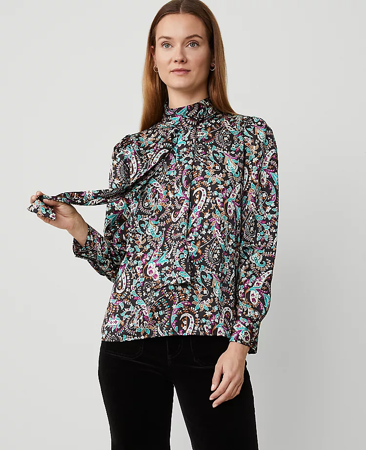 Paisley Mock Tie Neck Puff Sleeve Top Black 1 Paisley Mock Tie Neck Puff Sleeve Top Black