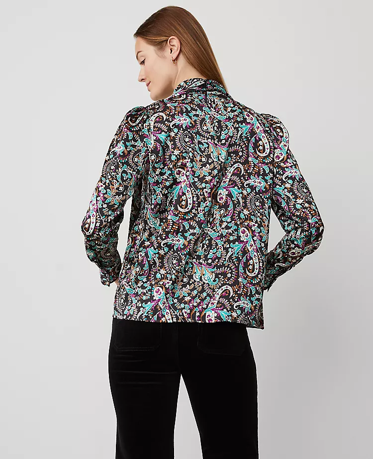 Petite Paisley Mock Tie Neck Puff Sleeve Blouse in Black 2 Petite Paisley Mock Tie Neck Puff Sleeve Blouse in Black - Image 2
