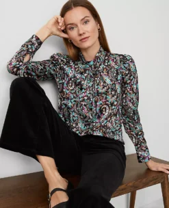 Petite Paisley Mock Tie Neck Puff Sleeve Blouse in Black 5 Petite Paisley Mock Tie Neck Puff Sleeve Blouse in Black -Ann Taylor Store 830444 513587 ALT2