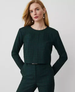 Ann Taylor Petite Plaid Long Sleeve Top in Green Multi