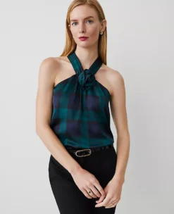 Petite Tartan Rosette Drape-Neck Halter Top - Rainforest Green