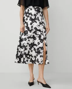 Elegant Black Floral Satin Maxi Skirt with Side Slit -Ann Taylor Store 830921 517667 ALT1