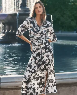 Elegant Black Floral Satin Maxi Skirt with Side Slit
