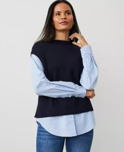 Petite Layered Mixed-Media Mock Neck Sweater in Night Sky