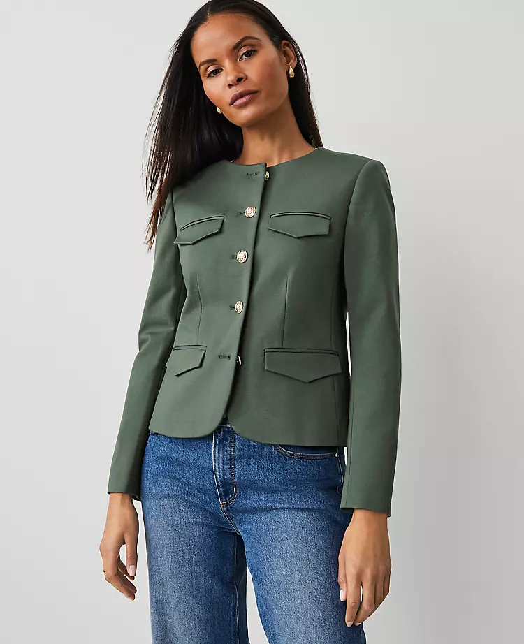 Petite Ponte Crew Neck Jacket in Dried Cilantro - Tailored Stretch Blazer 2 Petite Ponte Crew Neck Jacket in Dried Cilantro - Tailored Stretch Blazer - Image 2