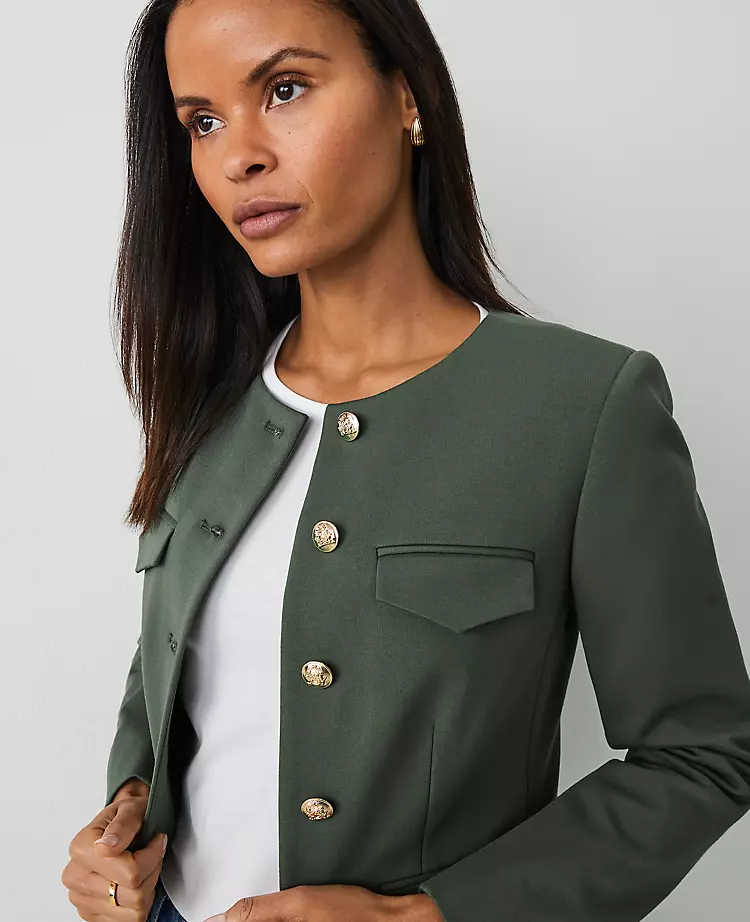 Petite Ponte Crew Neck Jacket in Dried Cilantro - Tailored Stretch Blazer 4 Petite Ponte Crew Neck Jacket in Dried Cilantro - Tailored Stretch Blazer - Image 4