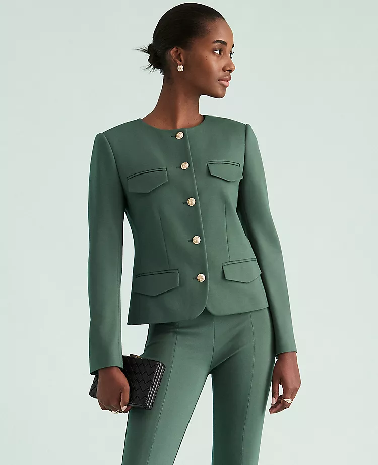 Petite Ponte Crew Neck Jacket in Dried Cilantro - Tailored Stretch Blazer 1 Petite Ponte Crew Neck Jacket in Dried Cilantro - Tailored Stretch Blazer