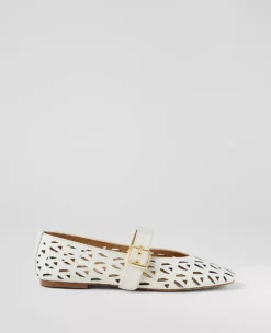 White Perforated Leather Ballet Flats with Adjustable Buckle Strap
