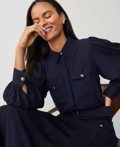 Petite Utility Blouse with Feminine Puff Sleeves in Night Sky -Ann Taylor Store 831253 1362 ALT2
