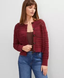 Soft Cotton Pointelle Textured Cardigan in Moroccan Red