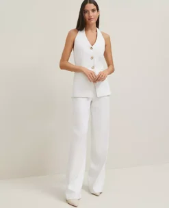 High-Waisted White Wide Leg Linen Blend Trousers
