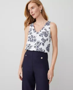 Petite Mixed Media V-Neck Shell in Night Sky