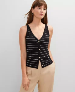 Striped Button Tank Top Black