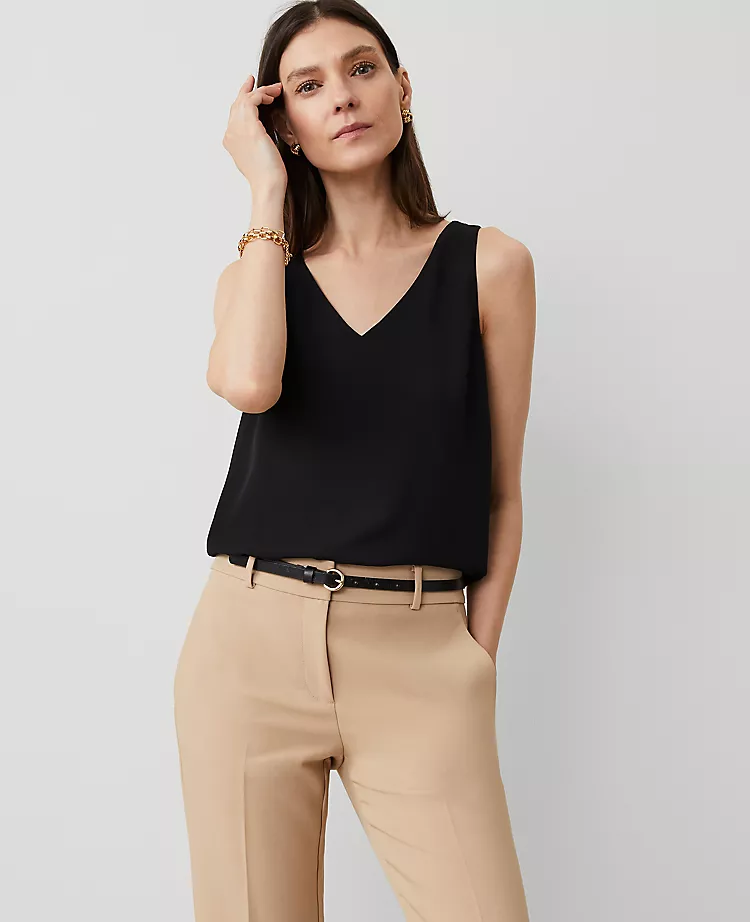 Petite Mixed Media V-Neck Shell in Classic Black 1 Petite Mixed Media V-Neck Shell in Classic Black