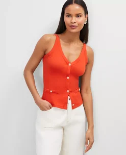 Button V-Neck Tank Top Red Pepper