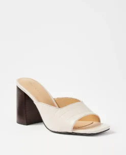 Embossed Leather High Block Heel Mule Sandals in Pearl Shadow
