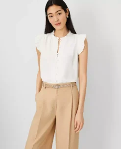 Petite Winter White Mixed Media Ruffle Shell - Elegant Cap Sleeve Blouse