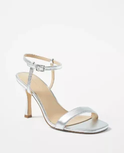 Silver Metallic Skinny Strap Heeled Sandals with Padded Footbed