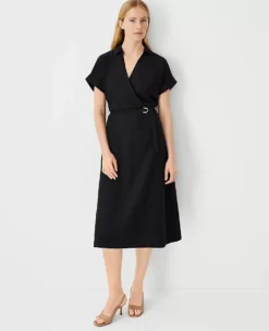 Petite Black Midi Shirtdress with Crossover Collar and Belt