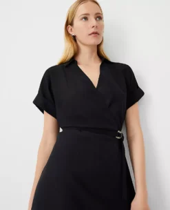 Petite Black Midi Shirtdress with Crossover Collar and Belt -Ann Taylor Store 835412 2222 ALT2