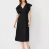 Petite Black Embroidered V-Neck Midi Dress - Elegant Linen Blend A-Line