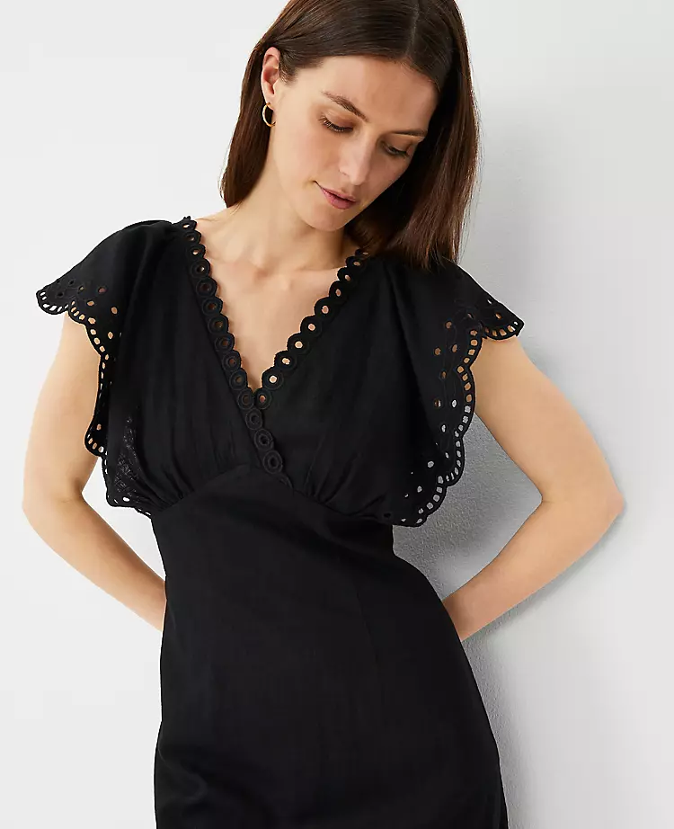 Petite Black Embroidered V-Neck Midi Dress - Elegant Linen Blend A-Line 3 Petite Black Embroidered V-Neck Midi Dress - Elegant Linen Blend A-Line - Image 3