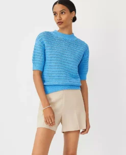 Cerulean Blue Petite Textured Stitch Short Sleeve Sweater
