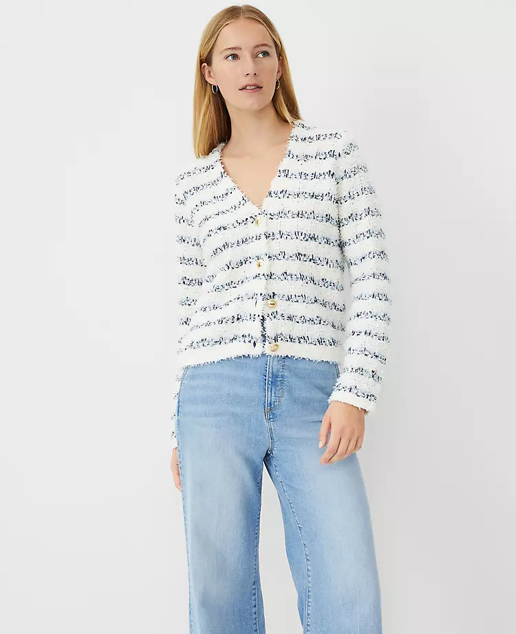 Petite Textured Tweedy V-Neck Sweater Jacket - White Multi 1 Petite Textured Tweedy V-Neck Sweater Jacket - White Multi