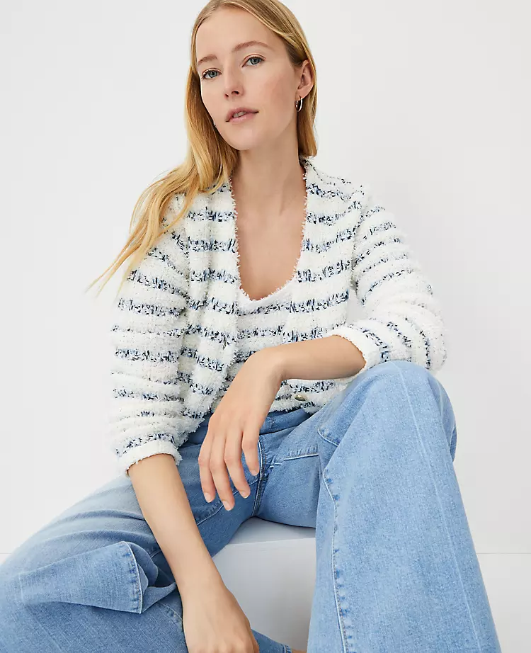 Petite Textured Tweedy V-Neck Sweater Jacket - White Multi 3 Petite Textured Tweedy V-Neck Sweater Jacket - White Multi - Image 3