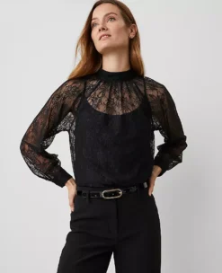 Lace Mock Neck Blouse Black
