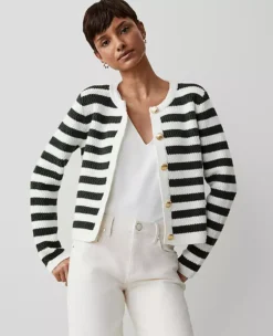 Ann Taylor Weekend Petite Striped Stitched Jacket - Green & White Stripe