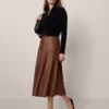 Midnight Mahogany Pleated Faux Leather Midi Skirt