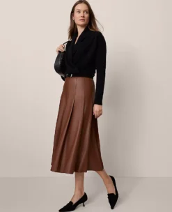 Midnight Mahogany Pleated Faux Leather Midi Skirt