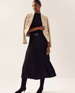Petite Black Belted Pleated Midi Skirt