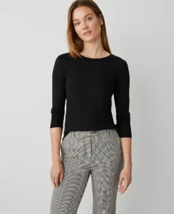 Petite 100% Cotton Long Sleeve Crew Neck Top in Classic Black