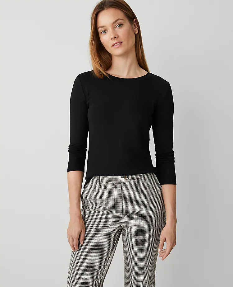 Petite 100% Cotton Long Sleeve Crew Neck Top in Classic Black 1 Petite 100% Cotton Long Sleeve Crew Neck Top in Classic Black