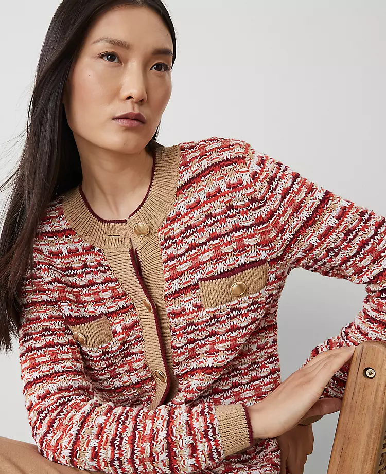 Orange Multi Tweed Stitch Cardigan - Women's Button Front Sweater 3 Orange Multi Tweed Stitch Cardigan - Women's Button Front Sweater - Image 3