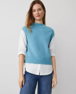 Petite Mixed Media Mock Neck Layered Sweater in Pristine Aqua