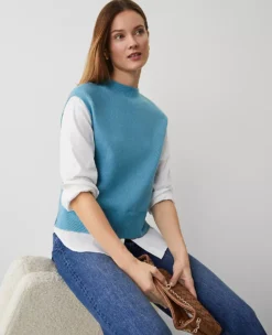 Petite Mixed Media Mock Neck Layered Sweater in Pristine Aqua -Ann Taylor Store 837034 2925 ALT2