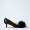 Black Feathered Kitten Heel Pumps with Pointed Nip-Toe