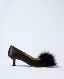 Black Feathered Kitten Heel Pumps with Pointed Nip-Toe
