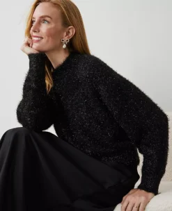 Petite Metallic Tinsel Wedge Sweater in Black -Ann Taylor Store 837506 2222 ALT2