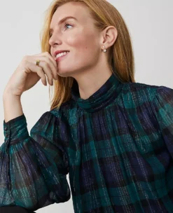 Petite Tartan Mock Neck Popover Blouse with Shimmer Detail -Ann Taylor Store 837636 514406 ALT2