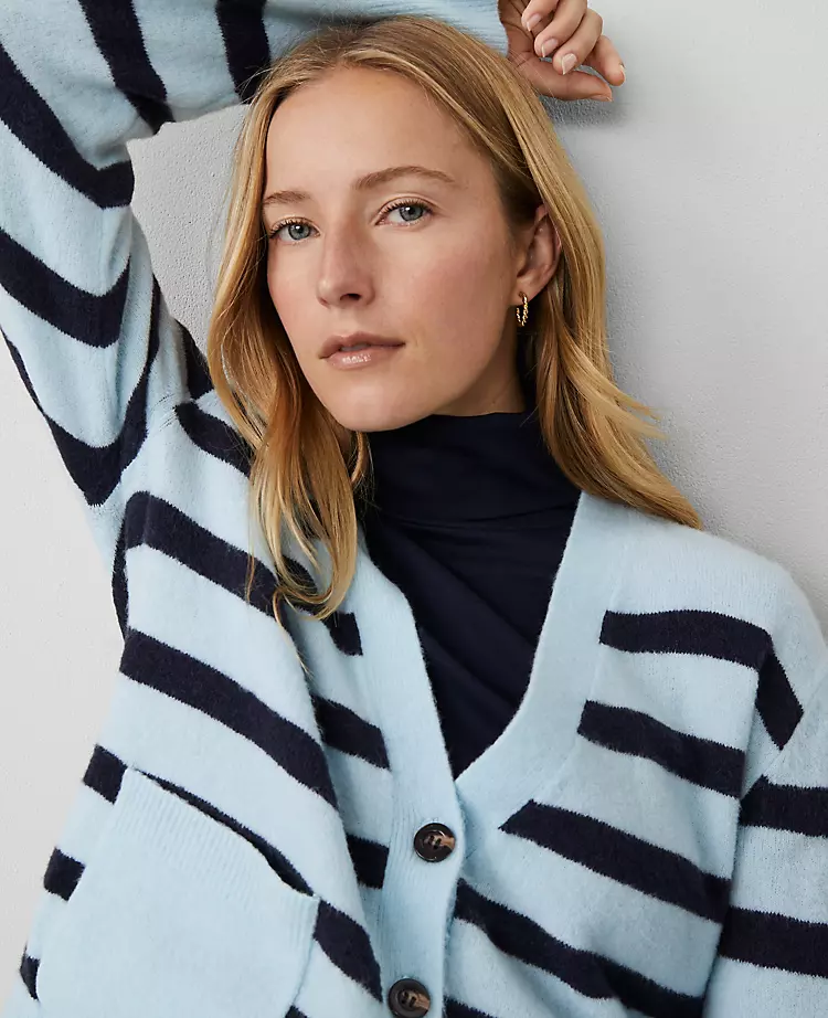 Ann Taylor Petite Weekend Collection Striped V-Neck Cardigan - Light Blue Multi 4 Ann Taylor Petite Weekend Collection Striped V-Neck Cardigan - Light Blue Multi - Image 4