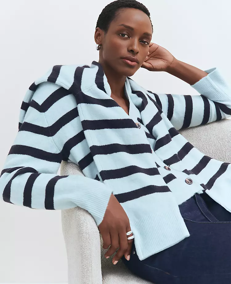 Ann Taylor Petite Weekend Collection Striped V-Neck Cardigan - Light Blue Multi 1 Ann Taylor Petite Weekend Collection Striped V-Neck Cardigan - Light Blue Multi