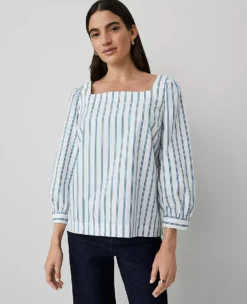 Petite Striped Puff Sleeve Blouse - Square Neck Cotton Top in Gulf Blue