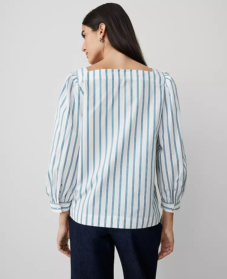 Petite Striped Puff Sleeve Blouse - Square Neck Cotton Top in Gulf Blue 2 Petite Striped Puff Sleeve Blouse - Square Neck Cotton Top in Gulf Blue - Image 2