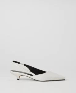 Winter White Leather Asymmetrical Slingback Kitten Heel Pumps