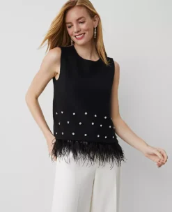 Petite Rhinestone Embellished Shell with Feather Trim - Black