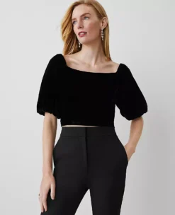 Elegant Petite Puff Sleeve Scoop Neck Top in Black